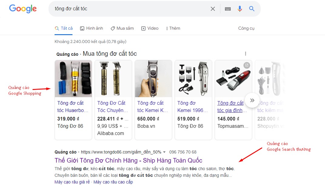 Quảng cáo Google Shopping hiển thị trên đầu trang tìm kiếm